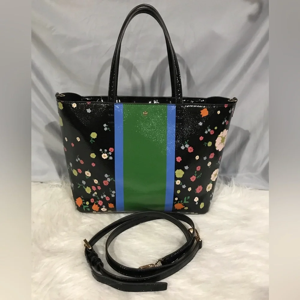 Tory Burch Patent Leather Medium Tote Flowers Kerrington EUC